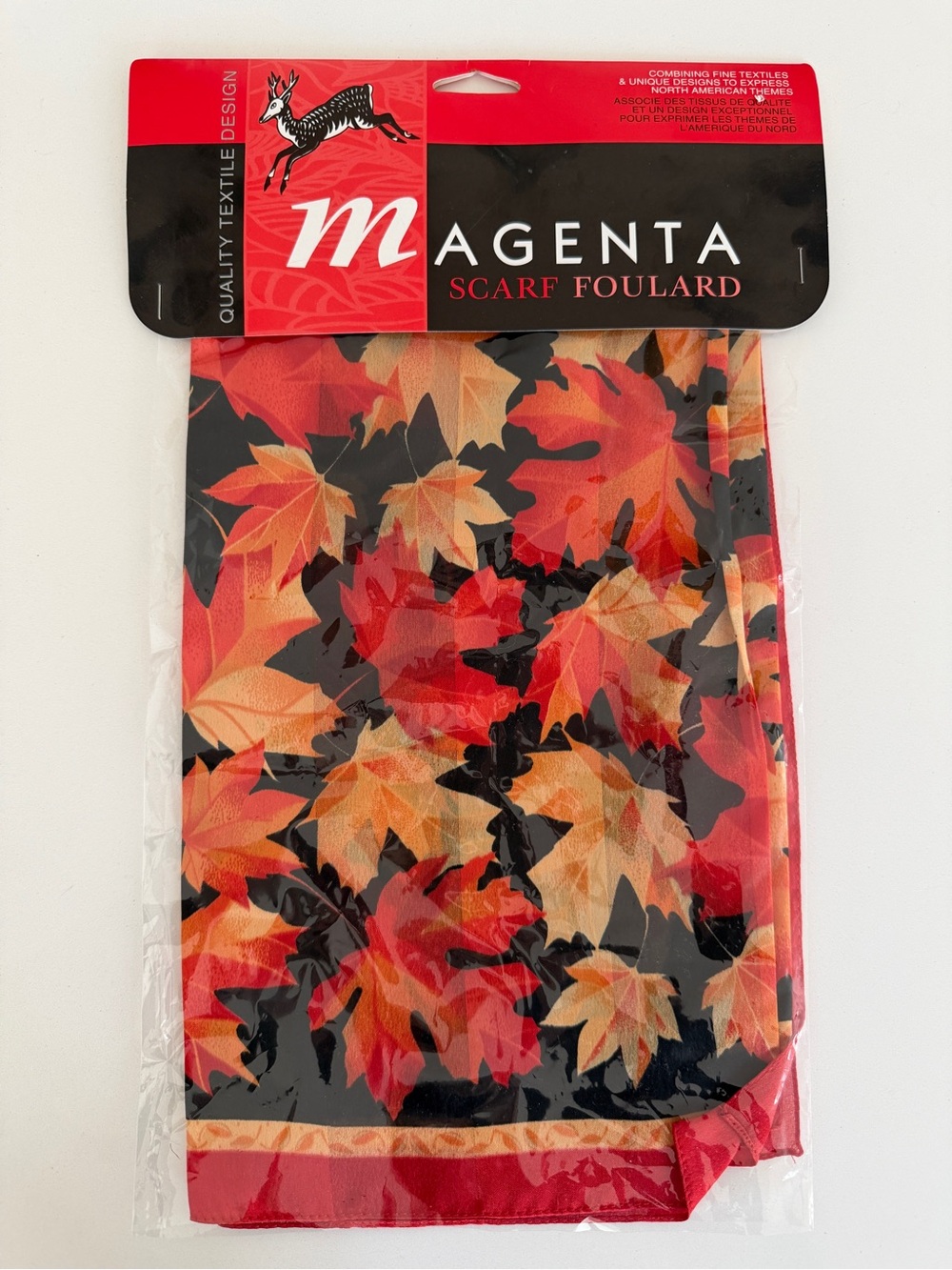 MAGENTA DESIGNS Scarf Satin Maple Leaf Pattern Canada Made in Italy Gift NWT